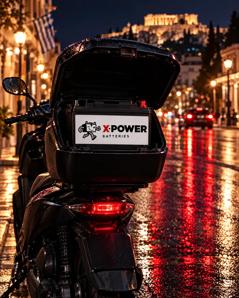 Σκούτερ XPOWER με μπαταρία XPOWER στη νυχτερινή Αθήνα