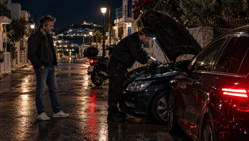 Τεχνικός της XPOWER αλλάζει μπαταρία αυτοκινήτου σε δρόμο τη νύχτα