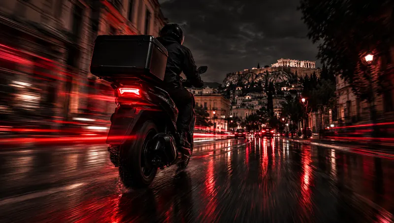 Σκούτερ της XPOWER με μπαταρία διασχίζει τη νυχτερινή πόλη