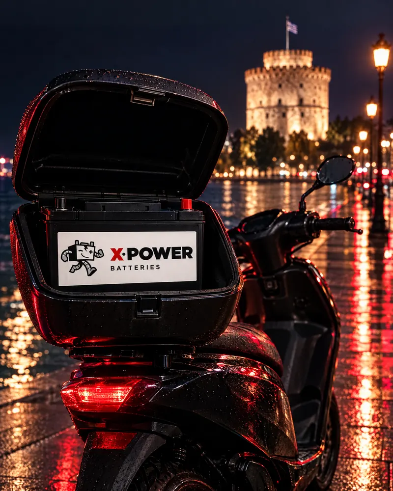 Σκούτερ XPOWER με μπαταρία XPOWER στη νυχτερινή Θεσσαλονίκη